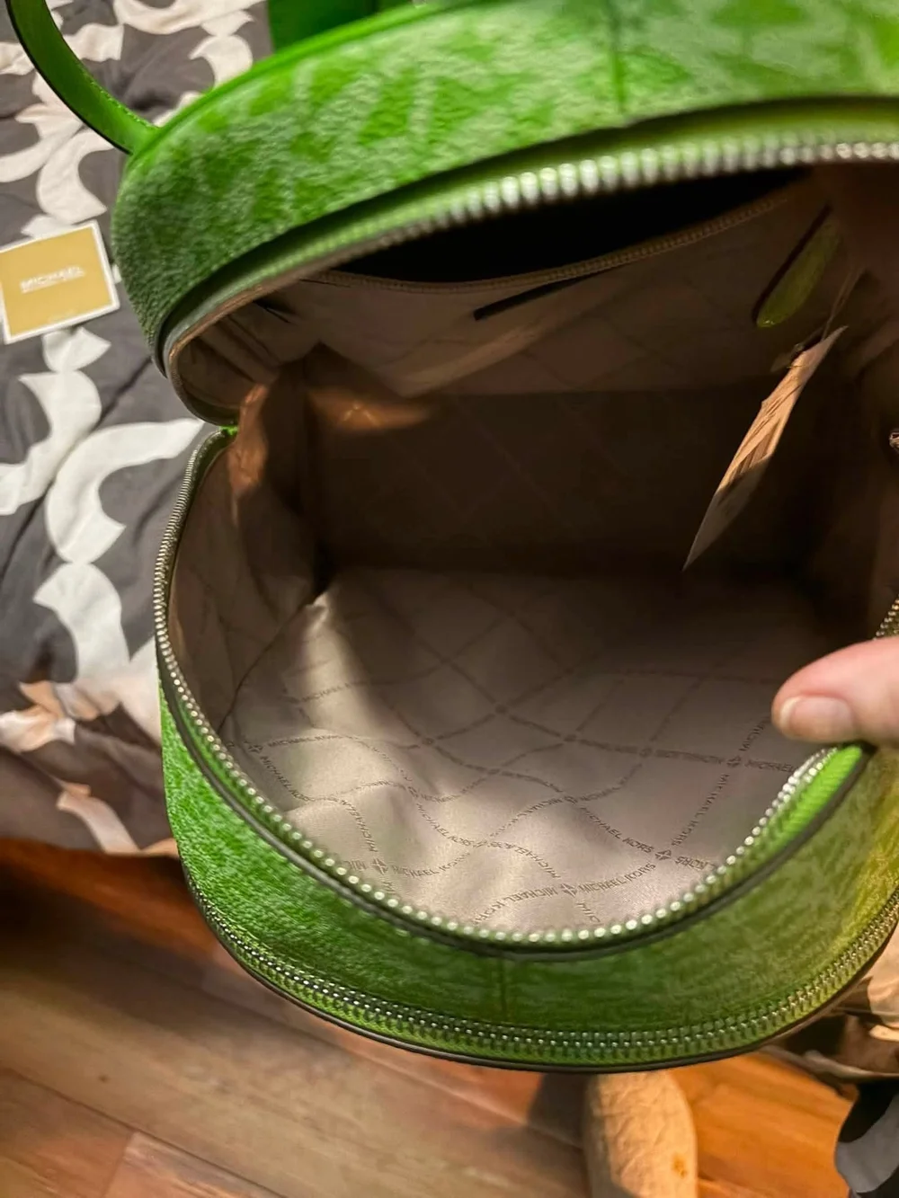 Michael Kors Green MK Monogram Backpack with Silver Accents